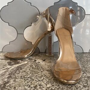 Clear & Rose Gold Sandal Heels w/Ankle Straps & Filled
Heels